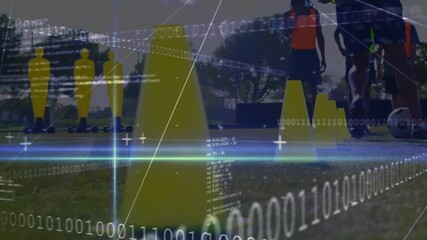 Animation of data processing over diverse male soccer players exercising - Powered by Adobe
