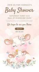 Watercolor baby shower cute animal cow baby girl boy poster template card invitation