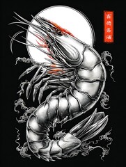 Stunning Shrimp Artwork Featuring Traditional Japanese Elements and Ink Style