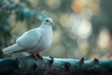 Obraz premium White dove resting on a tree branch with blurred nature background
