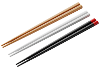 Three pairs of natural wooden, transparent, and black with red-tipped asian chopsticks on a transparent background with subtle shadows. Concept of Asian dining culture and elegance