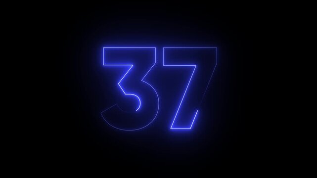 Glowing blue neon number 37 on black background, luminous digit