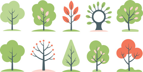 Minimalist Tree Illustration Set with Diverse Foliage and Seasonal ColorsMinimalist Tree Illustration Set with Diverse Foliage and Seasonal Colors