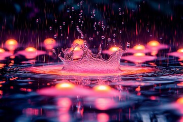 Raindrops creating splashes in vibrant pink puddles under soft lighting