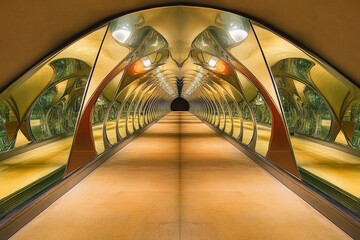 Mirror tunnel creating an infinite reflection effect with vibrant lights and a smooth pathway