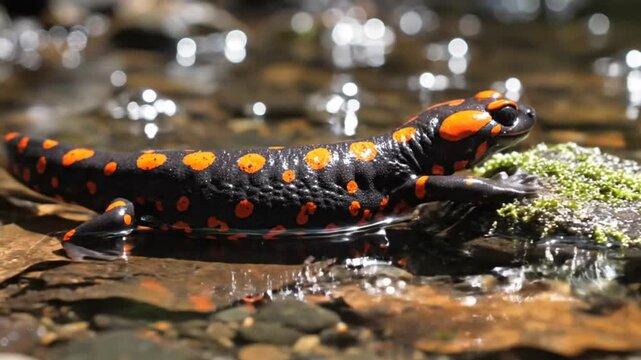 Bright orange-spotted black salamander resting on a wet rock in a shallow stream habitat with sunlight reflections