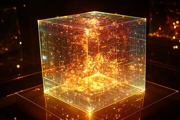 Three dimensional pulsating light cube creates vibrant visual display in serene indoor environment