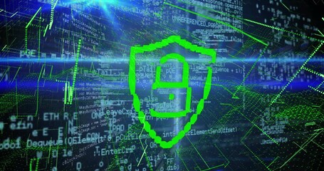 Animation of data processing and digital padlock on black background - Powered by Adobe