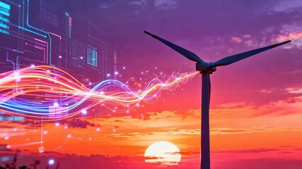 Wind turbine with digital light trails at sunset - Powered by Adobe