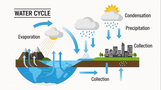The water cycle process shows evaporation from earth surface to condensation in clouds.