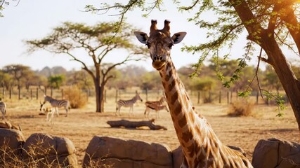 Graceful giraffe stands in wildlife habitat with zebras and gazelles under a sunny sky in nature
