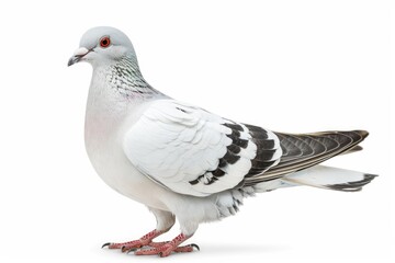 Fototapeta premium White and grey racing homer pigeon standing on white background
