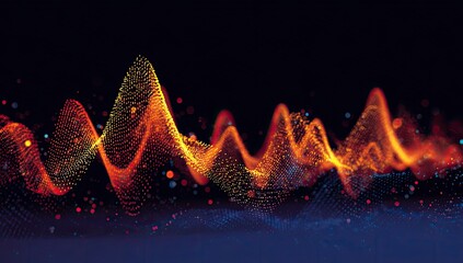 Abstract, glowing particle waves in warm and cool colors, digital data visualization