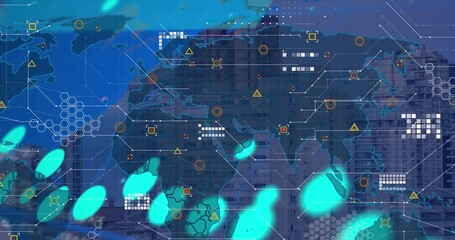 Animation of world map and financial data processing over cityscape