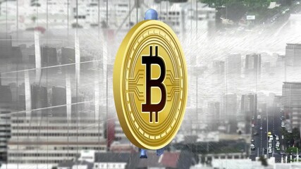 Animation of kaleidoscopic shapes moving over data processing over modern building and cityscape - Powered by Adobe