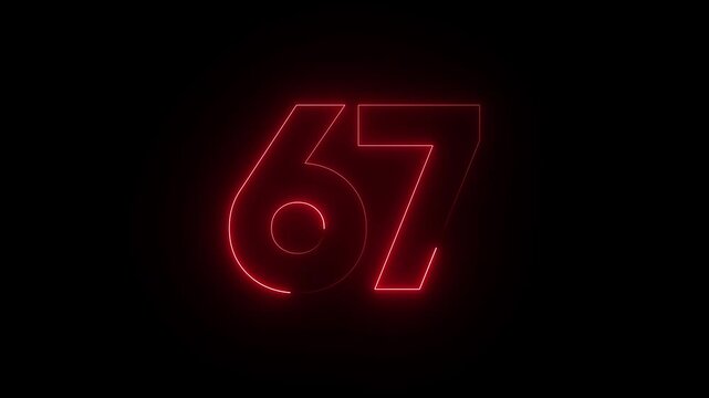 Glowing red neon number 67 on black background