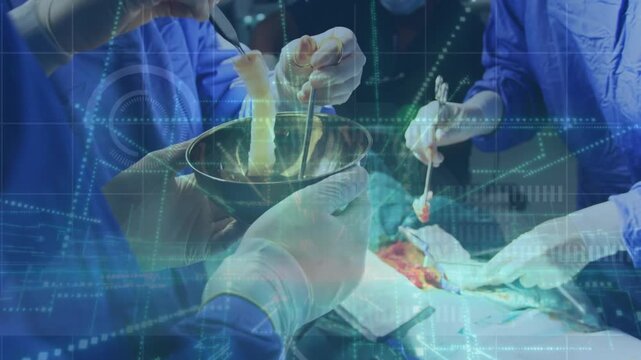 Animation of data processing over caucasian doctors during surgery