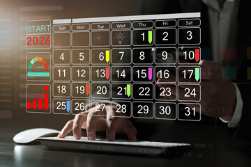 Businessman manages time for effective work, note target date appointing reminder appointment calendar for organizer agenda time. schedule activity. schedule, planning, plan, management, goal