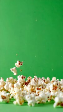 Slow-motion studio shot of kernels of freshly popped popcorn dynamically falling against a solid light green background, snack food concept