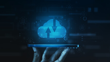 A digital cloud computing concept showing data upload and backup technology with secure virtual storage, representing modern network infrastructure, transfer processes, and online data management.