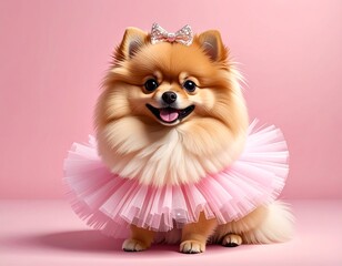 A fluffy, light-brown Pomeranian wearing a pink tutu and bow, centered on a pink background, looking at the camera