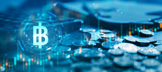 A futuristic digital finance concept featuring cryptocurrency coins with blockchain elements, market charts, and technology overlays, illustrating virtual currency trading, financial growth.