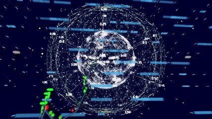 Animation of financial graphs over globe and connections on navy background - Powered by Adobe