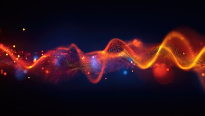 Abstract glowing particle wave in fiery orange and blue with bokeh on dark background