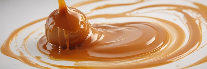 Swirling sweet caramel sauce on a white surface with smooth motion,  sticky liquid,  food sauce