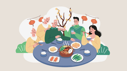 Happy Multi-Generational Asian Family Reunion Dinner for Lunar New Year
