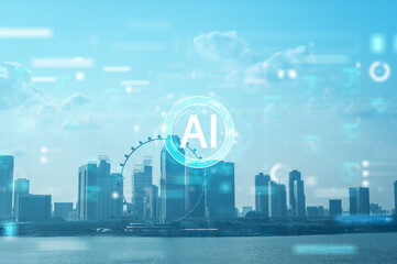 A futuristic smart city skyline enhanced with AI digital elements, cyber technology overlays, and connected urban networks, representing innovation, intelligence, and advanced tech infrastructure.