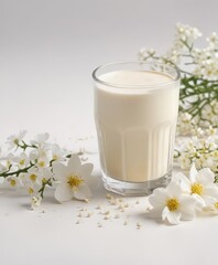 vanilla protein powder beside glass of creamy milk on white background with delicate vanilla flowers scattered around,  vanilla, protein powder
