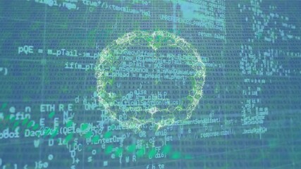Animation of brain and data processing over blue background - Powered by Adobe