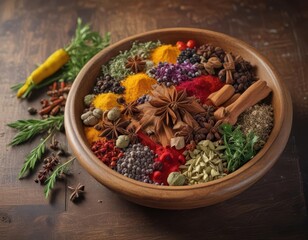 Vibrant arrangement of colorful spices and herbs in a wooden bowl on a rustic table ,  ingredients,  aromatic spices