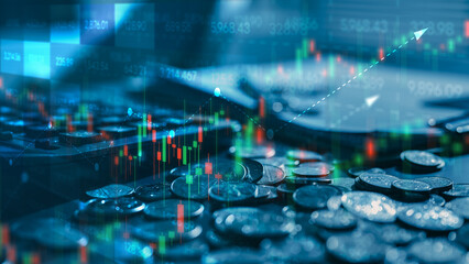 A digital stock market background with candlestick charts, financial data, currency values, and upward trends, representing investment analysis, market volatility, performance, and trading activity.