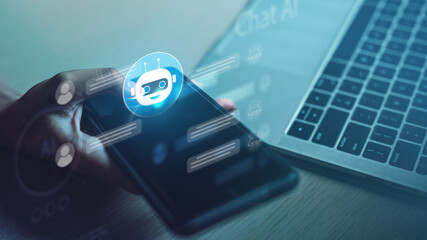 AI chatbot assistant on mobile and laptop interface showing automated conversation, digital interaction, and artificial intelligence technology for customer support and smart communication.