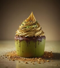 Whipped green tea topped with rich brown chocolate and garnished with edible gold dust ,  creamy ,  layered smoothie