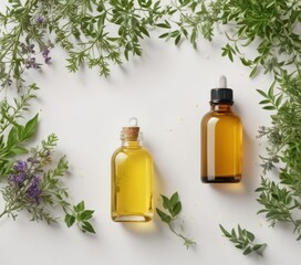 White background with a mixture of herbal essential oils and fresh herbs,  herbs, herbal