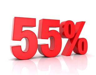 A 3D rendered graphic displaying the numeric representation of fifty-five percent in bold red on a white reflective surface