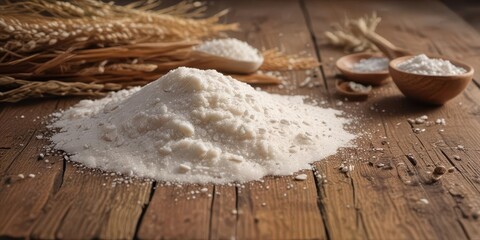 White rice flour scattered around a rustic wooden table with natural elements ,  grain,  flour