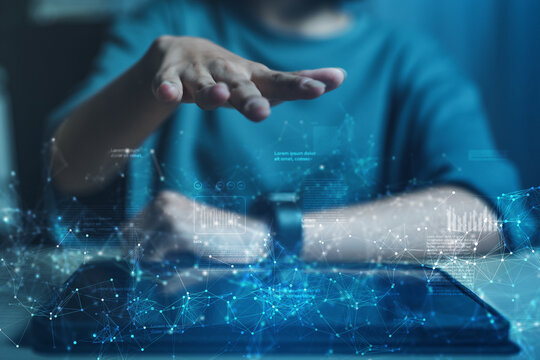 Big data analytics concept with virtual dashboards and network connections, showing data visualization, information processing, digital patterns, and advanced computing technology. - Powered by Adobe