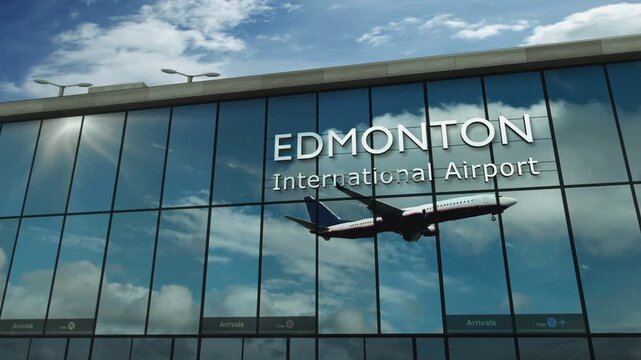 Plane landing at Edmonton, Canada. Arrival in the city with the glass airport terminal and reflection of the jet aircraft. Travel, business, tourism and transport 3D concept.