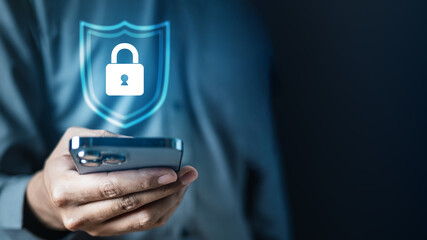 Mobile privacy and cybersecurity concept showing a digital shield and lock icon over smartphone, representing data protection, encrypted communication, secure access, and user trust in technology.