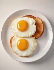 yolky golden brown fried egg on white plate surface,  egg yolk,  breakfast