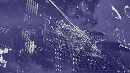 Animation of data processing and world map over cityscape - Powered by Adobe
