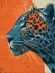 Stylized Blue Leopard Portrait on Vibrant Orange Textured Background
