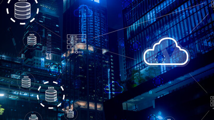 Smart city skyline with digital data and cloud network overlays, representing urban connectivity, intelligent infrastructure, IoT devices, and artificial intelligence powering technology systems.