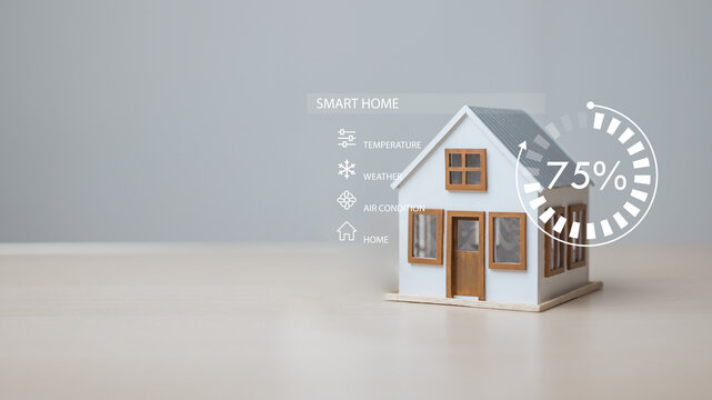 Smart home concept with connected house model and digital interface showing IoT devices, automation control, cloud technology, and artificial intelligence for energy efficiency and modern living. - Powered by Adobe