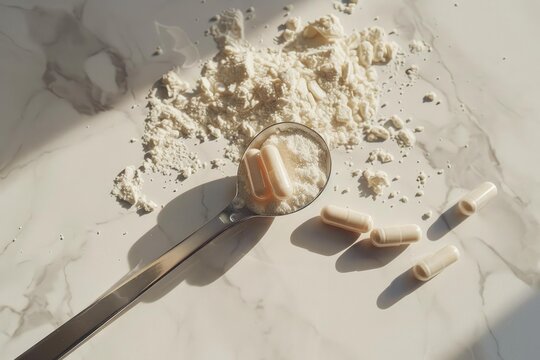 Metal measuring spoon with collagen peptides or whey protein powder and capsules on marble table in sunlight