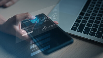 Biometric identity verification concept with fingerprint scan on smartphone and laptop, representing secure login, passkey authentication, privacy protection, and advanced cybersecurity technology.